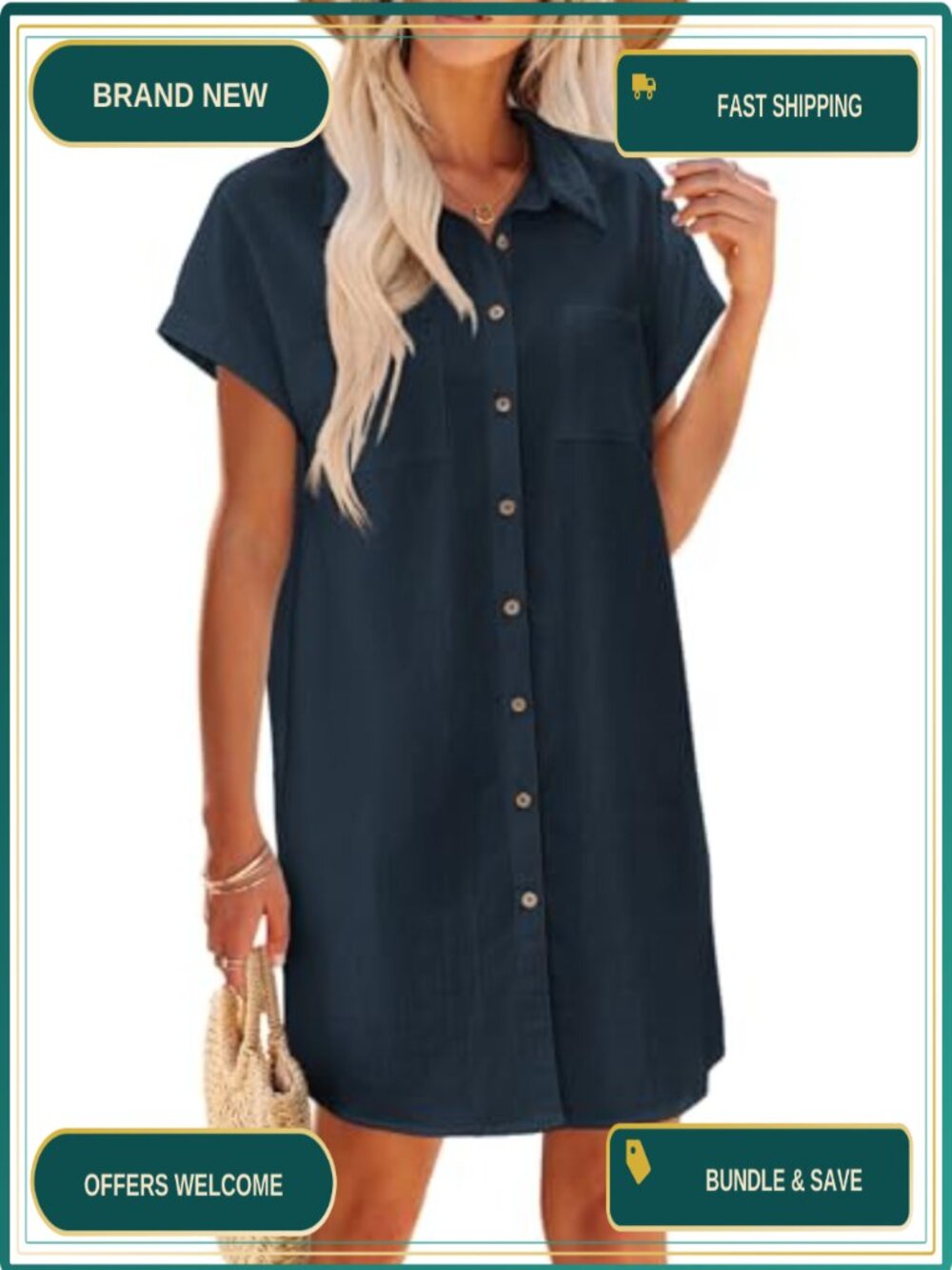 Cotton Summer Mini Shirt Dress with Pockets Short Sleeve Casual